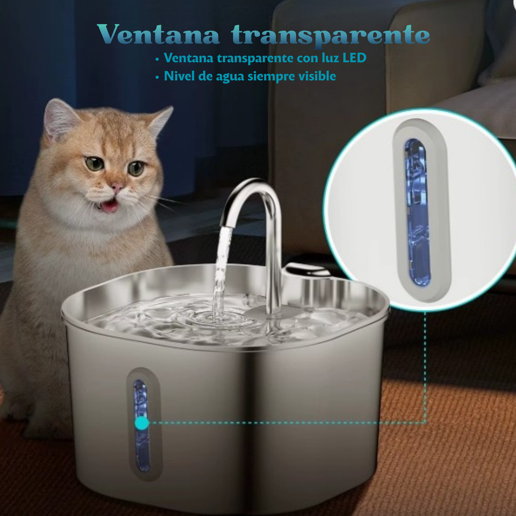 Fuente Inteligente de Agua para Mascotas 2,2L de Acero Inoxidable