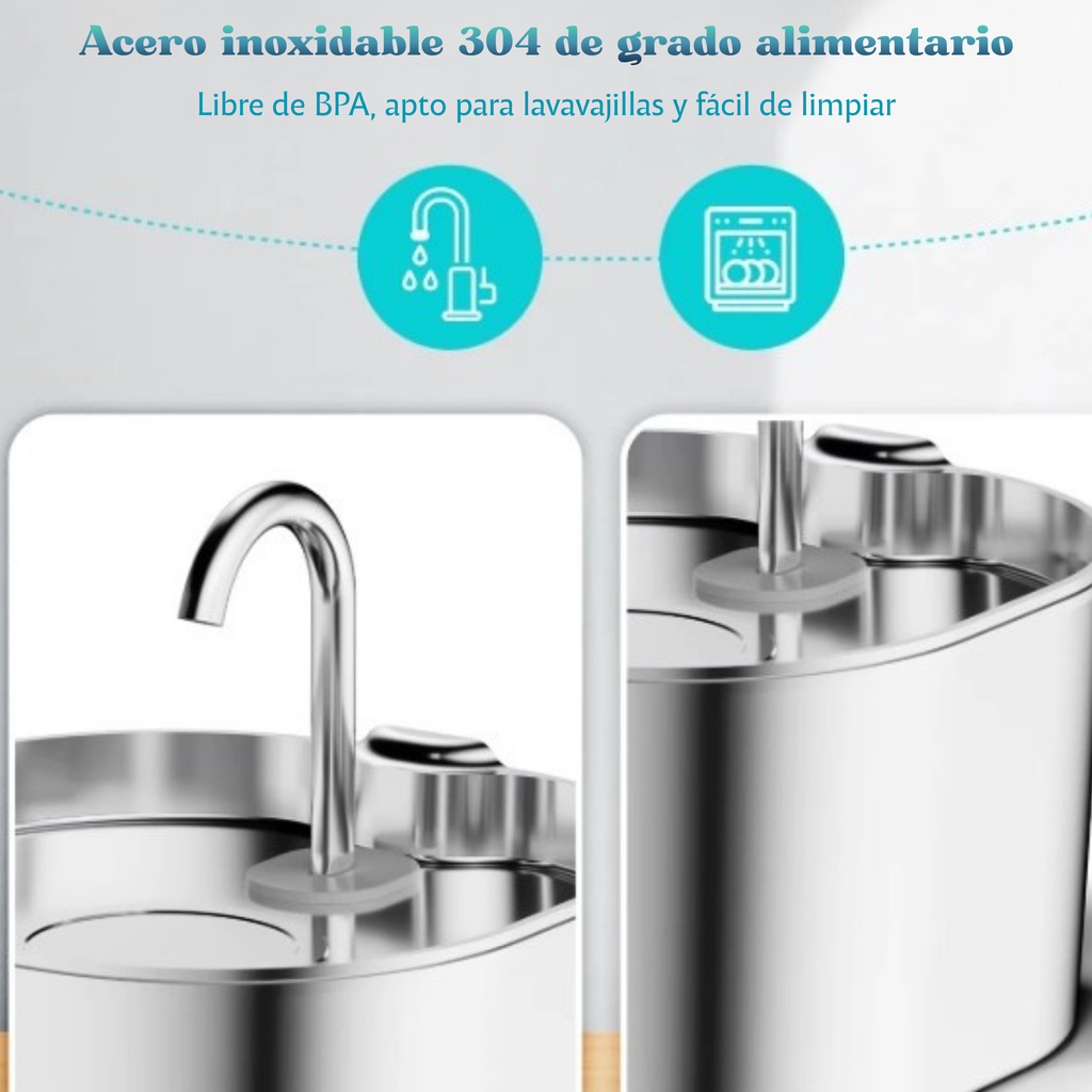 Fuente Inteligente de Agua para Mascotas 2,2L de Acero Inoxidable